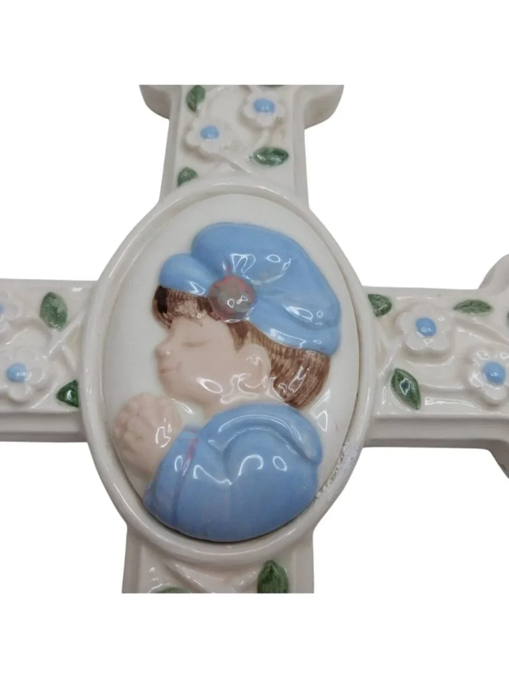 Vintage Ceramic Wall Cross Baby Boy Blue Baptism